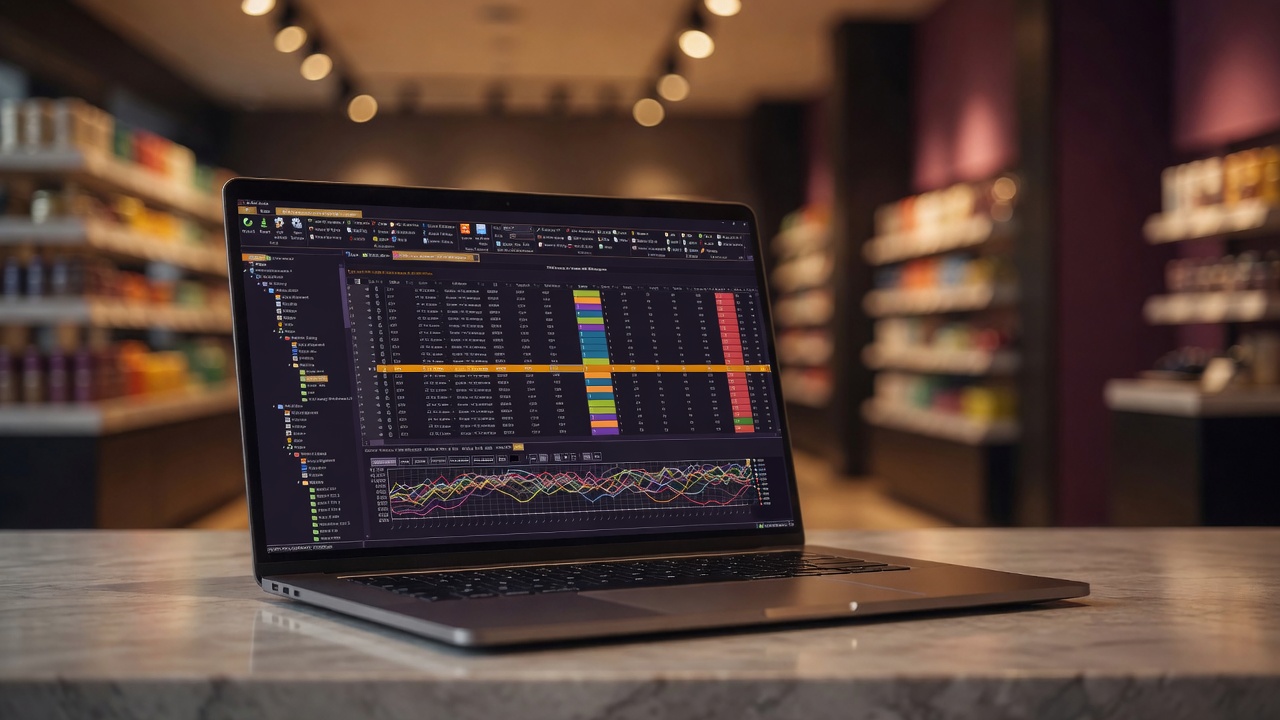 Laptop showing planogram summary charts and grids in a store